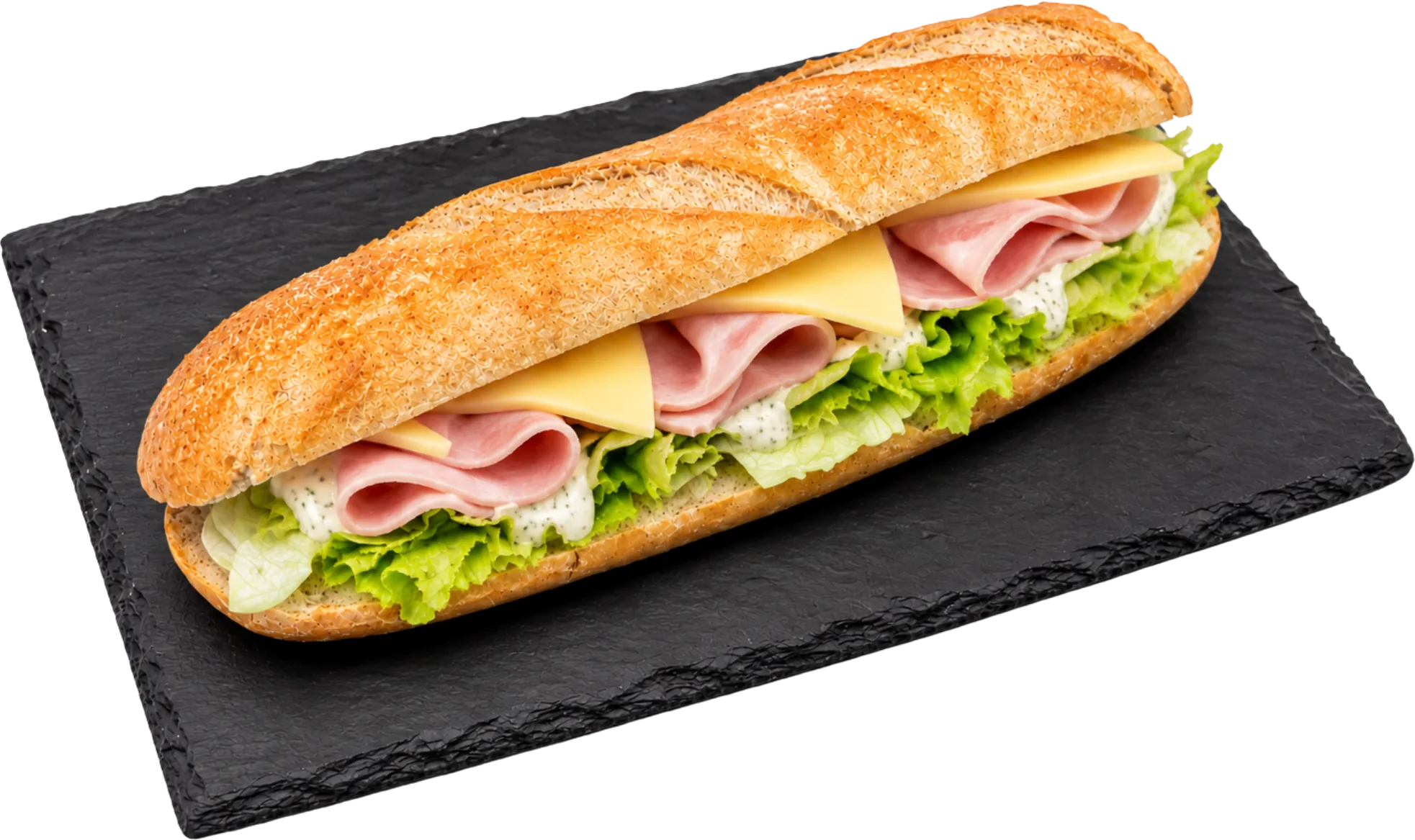 Bageta SPOT Ham & Cheese so šunkou a goudou na bridlicovej doske