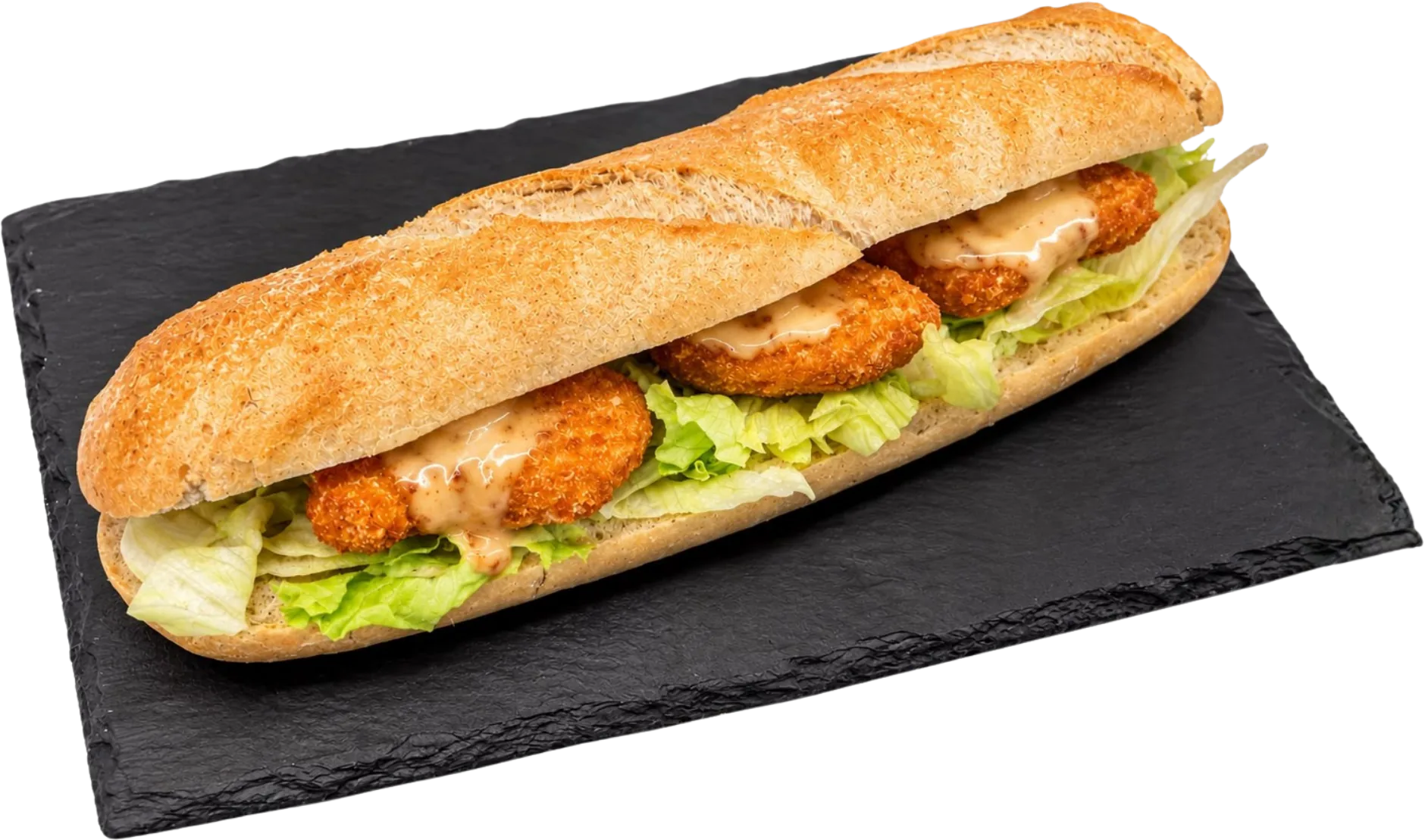 Bageta SPOT Honey Chicken s kuracími nugetkami na bridlicovej doske